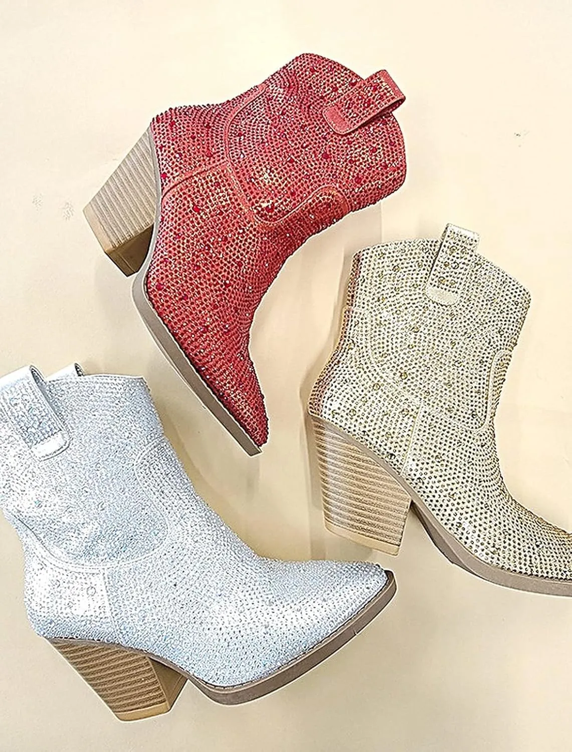 Women's Rhinestone Block Heel Mid Calf Short Ankle Booties Knee High Boots