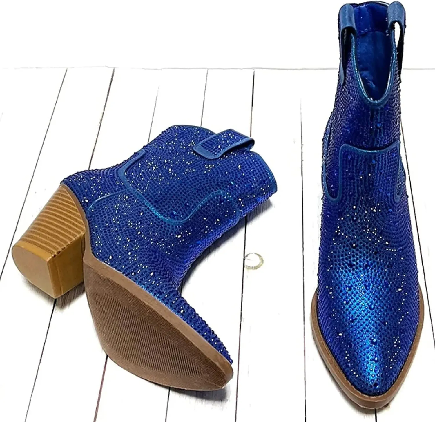 Women's Rhinestone Block Heel Mid Calf Short Ankle Booties Knee High Boots