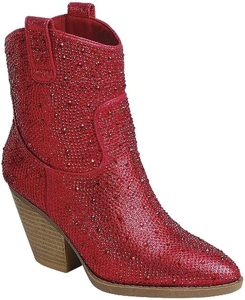 Women's Rhinestone Block Heel Mid Calf Short Ankle Booties Knee High Boots