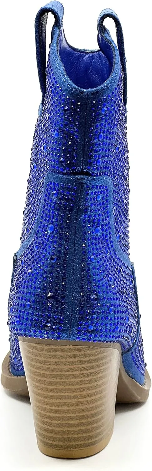 Women's Rhinestone Block Heel Mid Calf Short Ankle Booties Knee High Boots