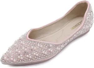 Women's Rhinestone Flats Fashion Pointed Toe Pearl Diamond Low Heel Dress Wedding Flats Work Business Dance Ballet Flats
