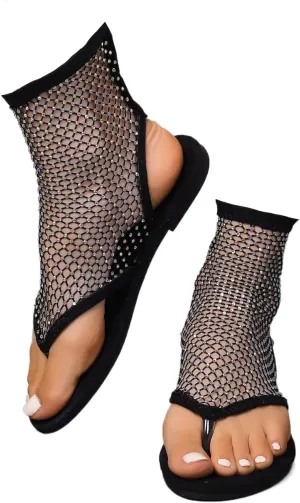 Womens Rhinestone Mesh Flats Thong Sandals Shiny Rhinestone Stretch Fishnet Sandals Casual Hollow Out Flat Shoes