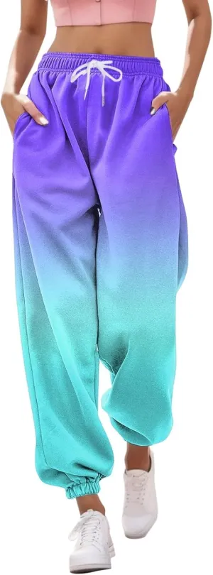 Womens Running Exercise Trousers Trendy High Waist Gradient Print Jogger Sweatpant Work Office High Waist Casual Pant