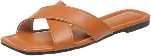 Womens Sandals Comfortable Wide Leather Crisscross Summer Square Toe Flat Slide Sandals