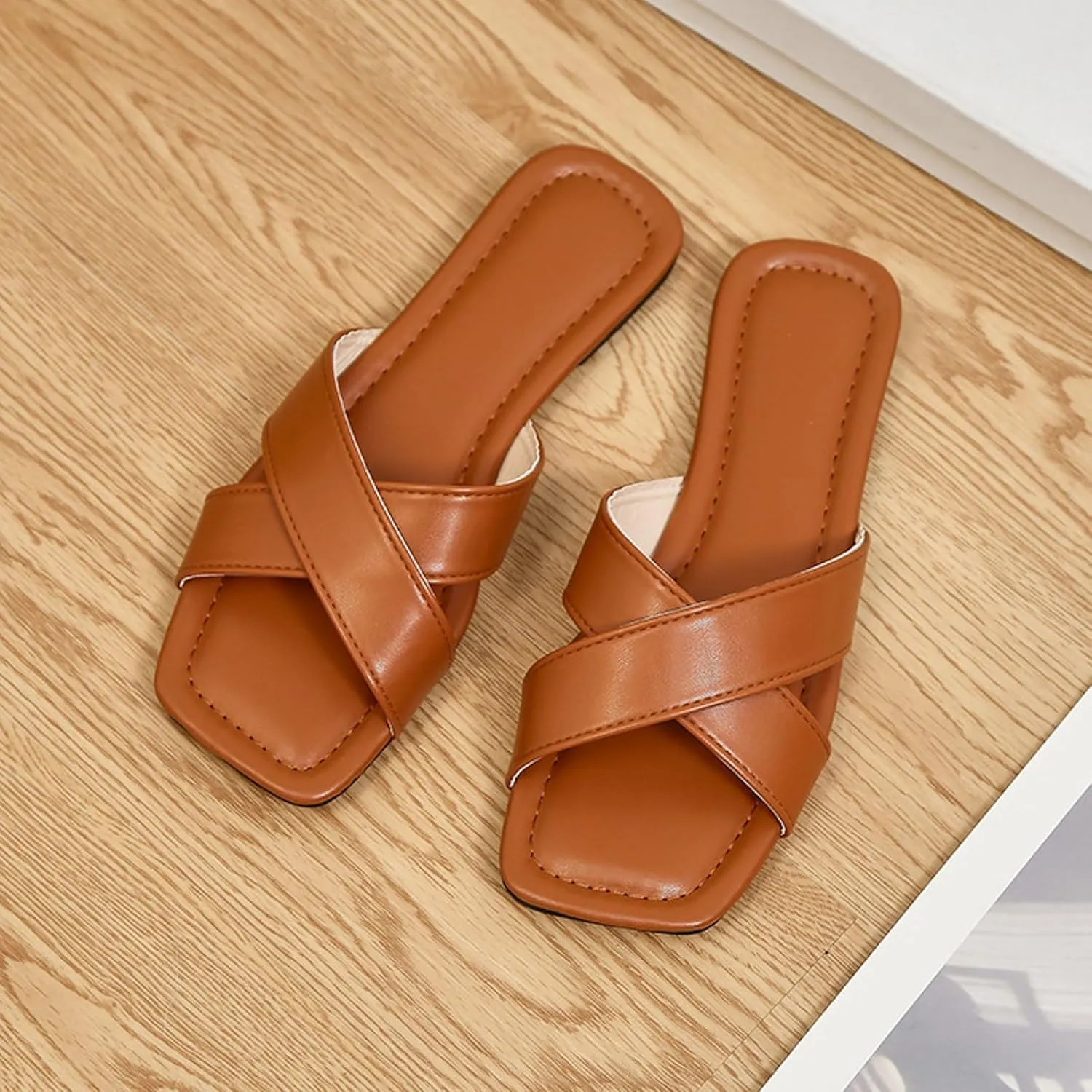 Womens Sandals Comfortable Wide Leather Crisscross Summer Square Toe Flat Slide Sandals