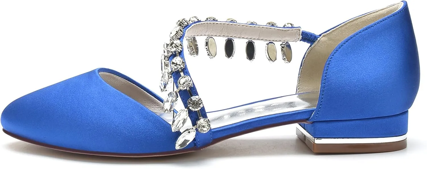 Women's Satin Wedding Shoes Closed Toe Rhinestone Strap Flat Bridal Shoes Party Prom Dress Pumps Sandals
