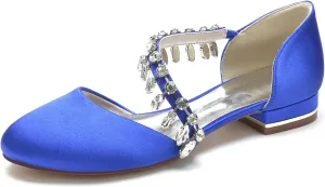 Women's Satin Wedding Shoes Closed Toe Rhinestone Strap Flat Bridal Shoes Party Prom Dress Pumps Sandals