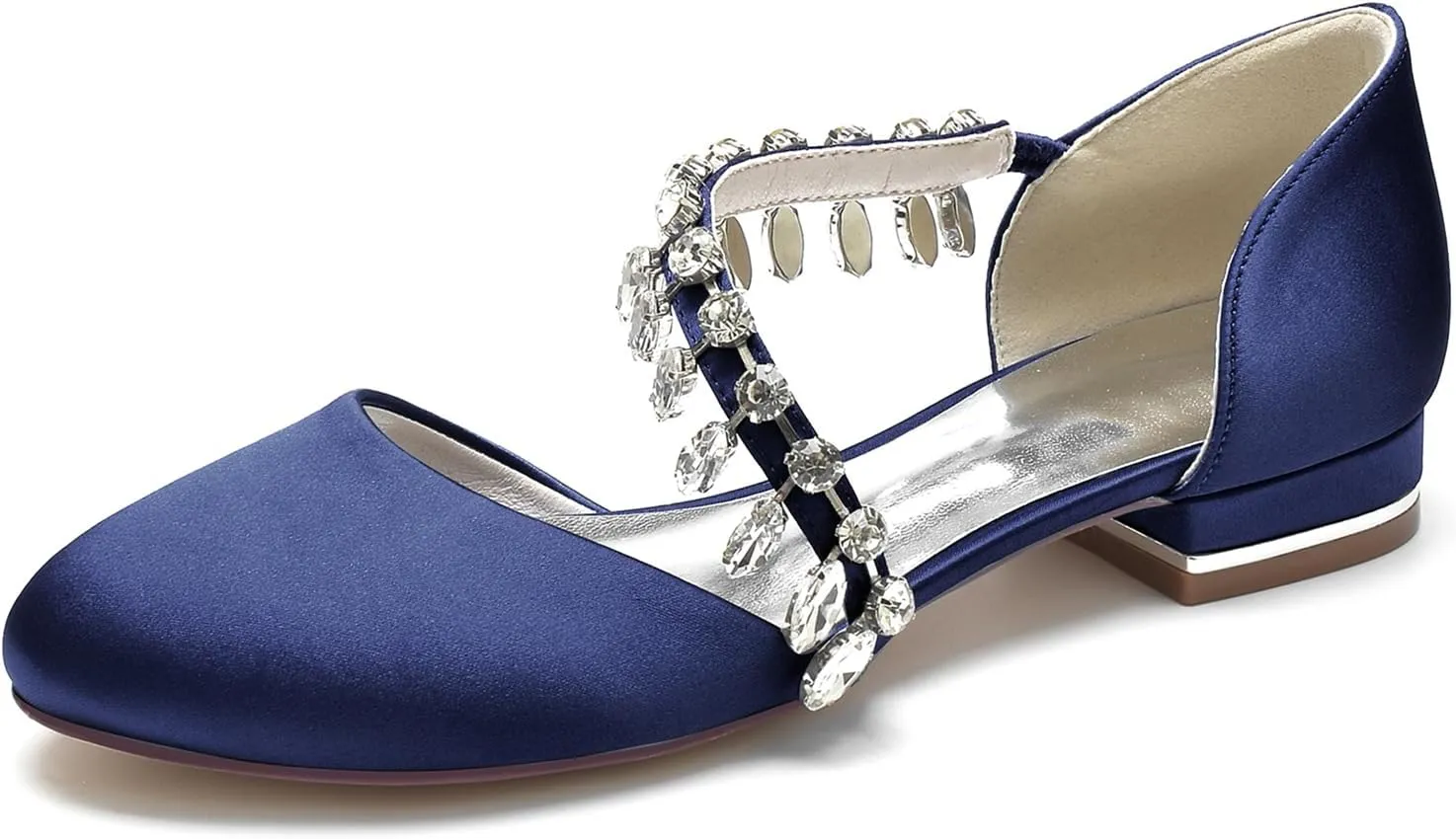 Women's Satin Wedding Shoes Closed Toe Rhinestone Strap Flat Bridal Shoes Party Prom Dress Pumps Sandals