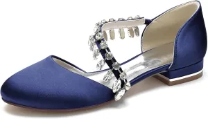 Women's Satin Wedding Shoes Closed Toe Rhinestone Strap Flat Bridal Shoes Party Prom Dress Pumps Sandals