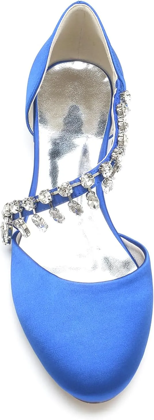 Women's Satin Wedding Shoes Closed Toe Rhinestone Strap Flat Bridal Shoes Party Prom Dress Pumps Sandals