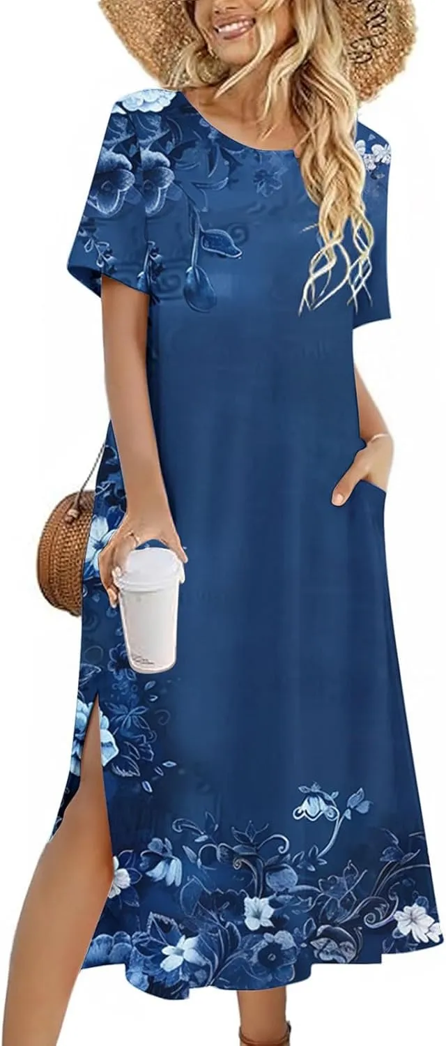 Womens Short Sleeve Casual Sun Dress Boho Floral Print Midi Dresses Comfy Trendy Split Beach Dresses