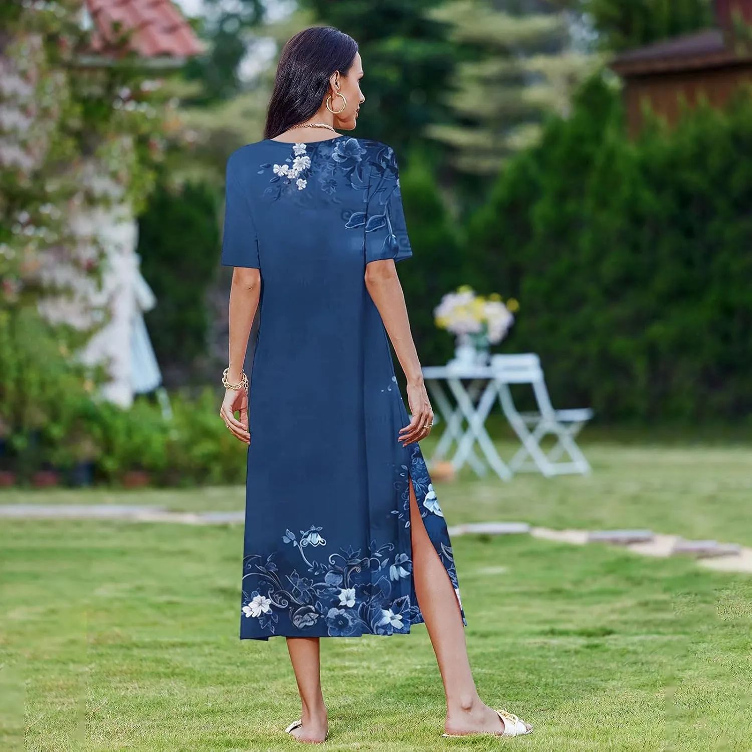 Womens Short Sleeve Casual Sun Dress Boho Floral Print Midi Dresses Comfy Trendy Split Beach Dresses