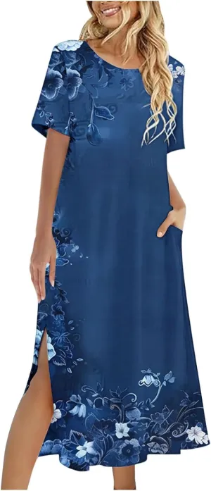 Womens Short Sleeve Casual Sun Dress Boho Floral Print Midi Dresses Comfy Trendy Split Beach Dresses