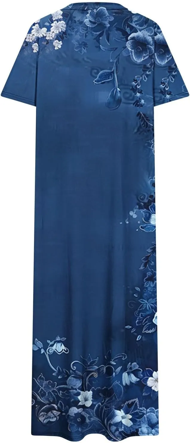 Womens Short Sleeve Casual Sun Dress Boho Floral Print Midi Dresses Comfy Trendy Split Beach Dresses