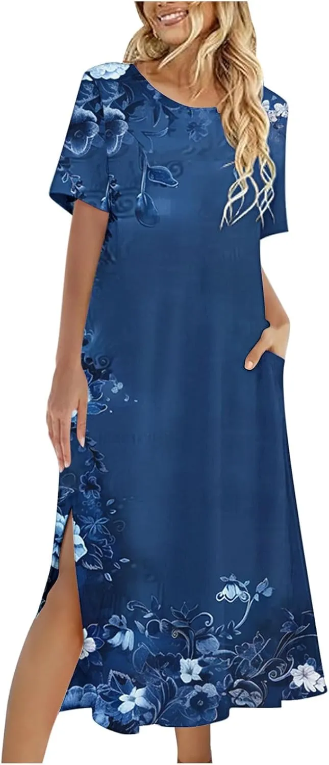 Womens Short Sleeve Casual Sun Dress Boho Floral Print Midi Dresses Comfy Trendy Split Beach Dresses