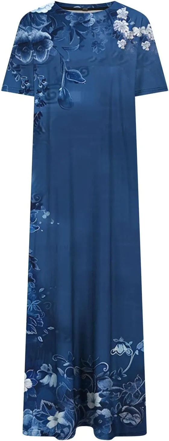 Womens Short Sleeve Casual Sun Dress Boho Floral Print Midi Dresses Comfy Trendy Split Beach Dresses