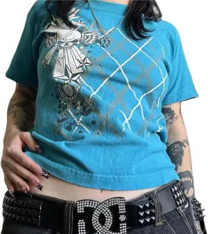 Women's Short Sleeve Crop Tops Crew Neck Skull Star Print Gothic T Shirts Aesthetic Grunge Going Out Y2k Blouses Top