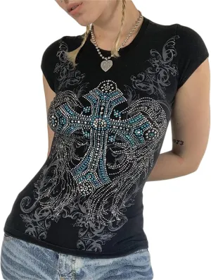 Women's Short Sleeve Crop Tops Crew Neck Skull Star Print Gothic T Shirts Aesthetic Grunge Going Out Y2k Blouses Top