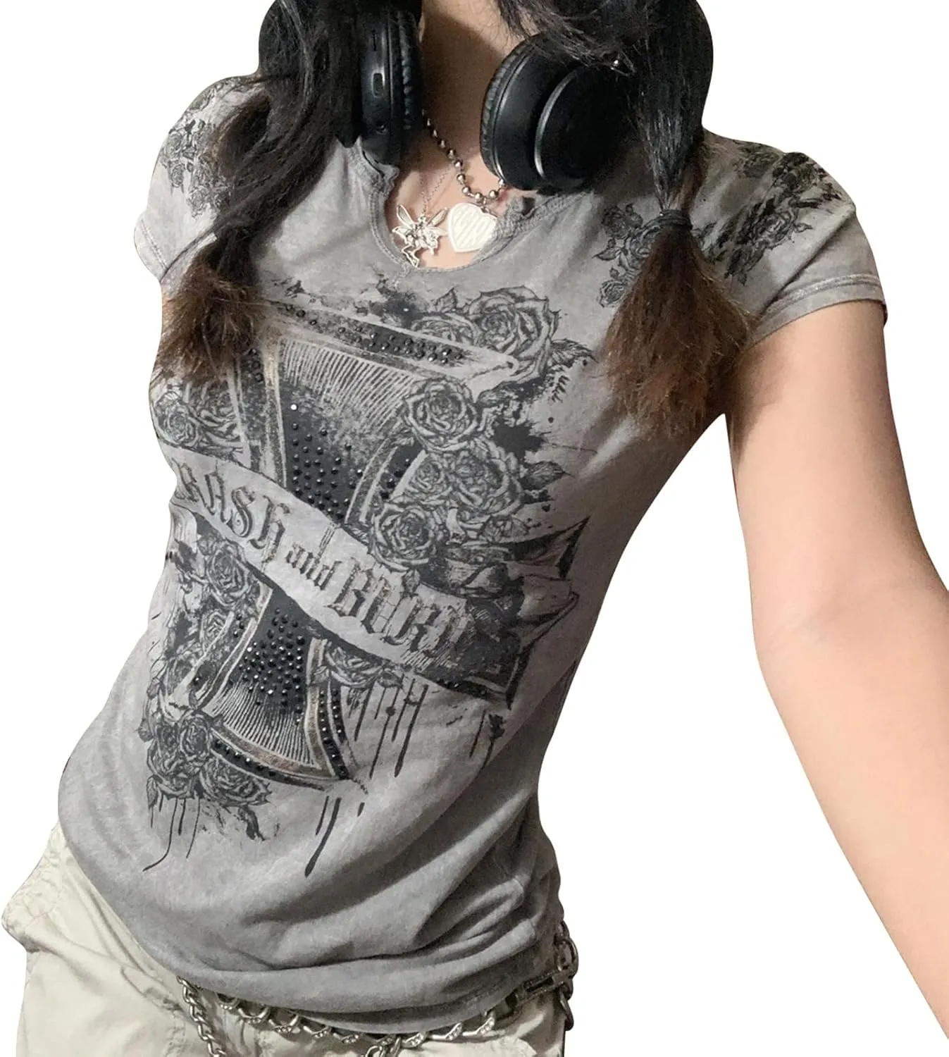 Women's Short Sleeve Crop Tops Crew Neck Skull Star Print Gothic T Shirts Aesthetic Grunge Going Out Y2k Blouses Top