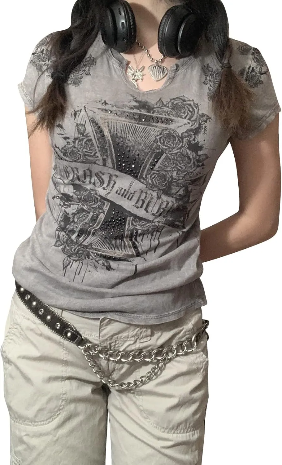 Women's Short Sleeve Crop Tops Crew Neck Skull Star Print Gothic T Shirts Aesthetic Grunge Going Out Y2k Blouses Top