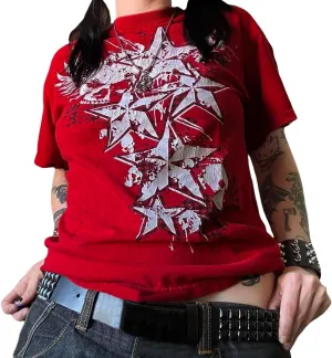 Women's Short Sleeve Crop Tops Crew Neck Skull Star Print Gothic T Shirts Aesthetic Grunge Going Out Y2k Blouses Top