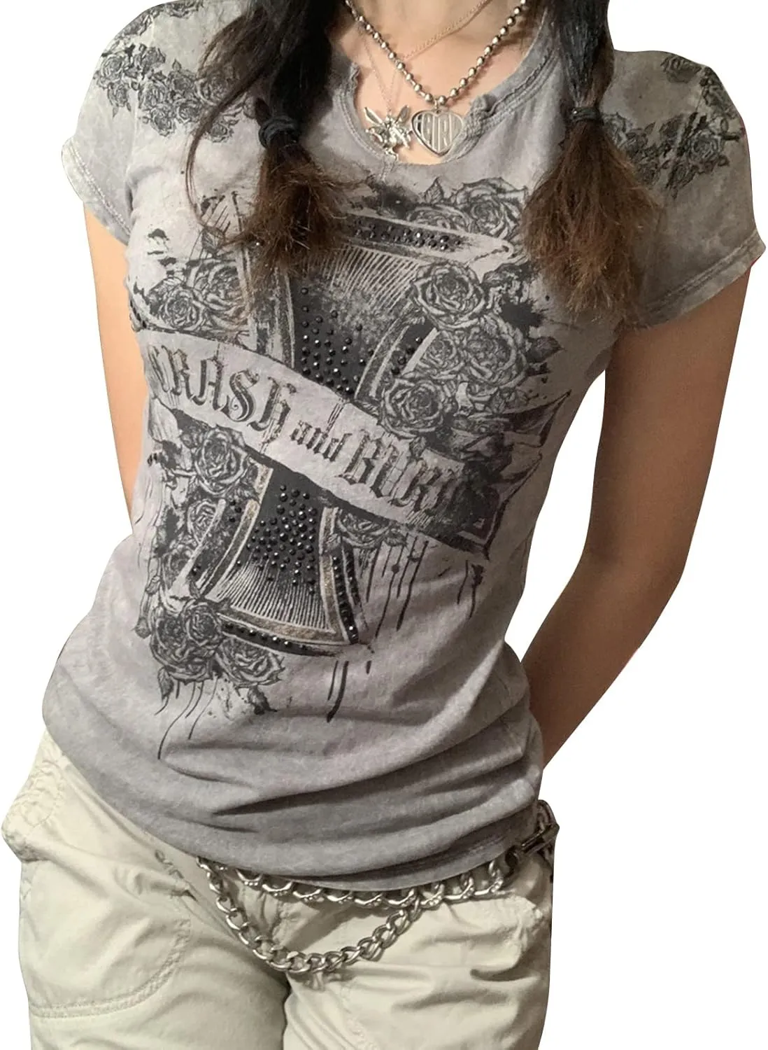 Women's Short Sleeve Crop Tops Crew Neck Skull Star Print Gothic T Shirts Aesthetic Grunge Going Out Y2k Blouses Top
