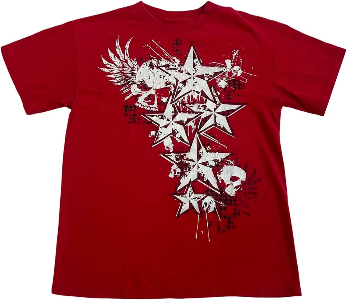 Women's Short Sleeve Crop Tops Crew Neck Skull Star Print Gothic T Shirts Aesthetic Grunge Going Out Y2k Blouses Top