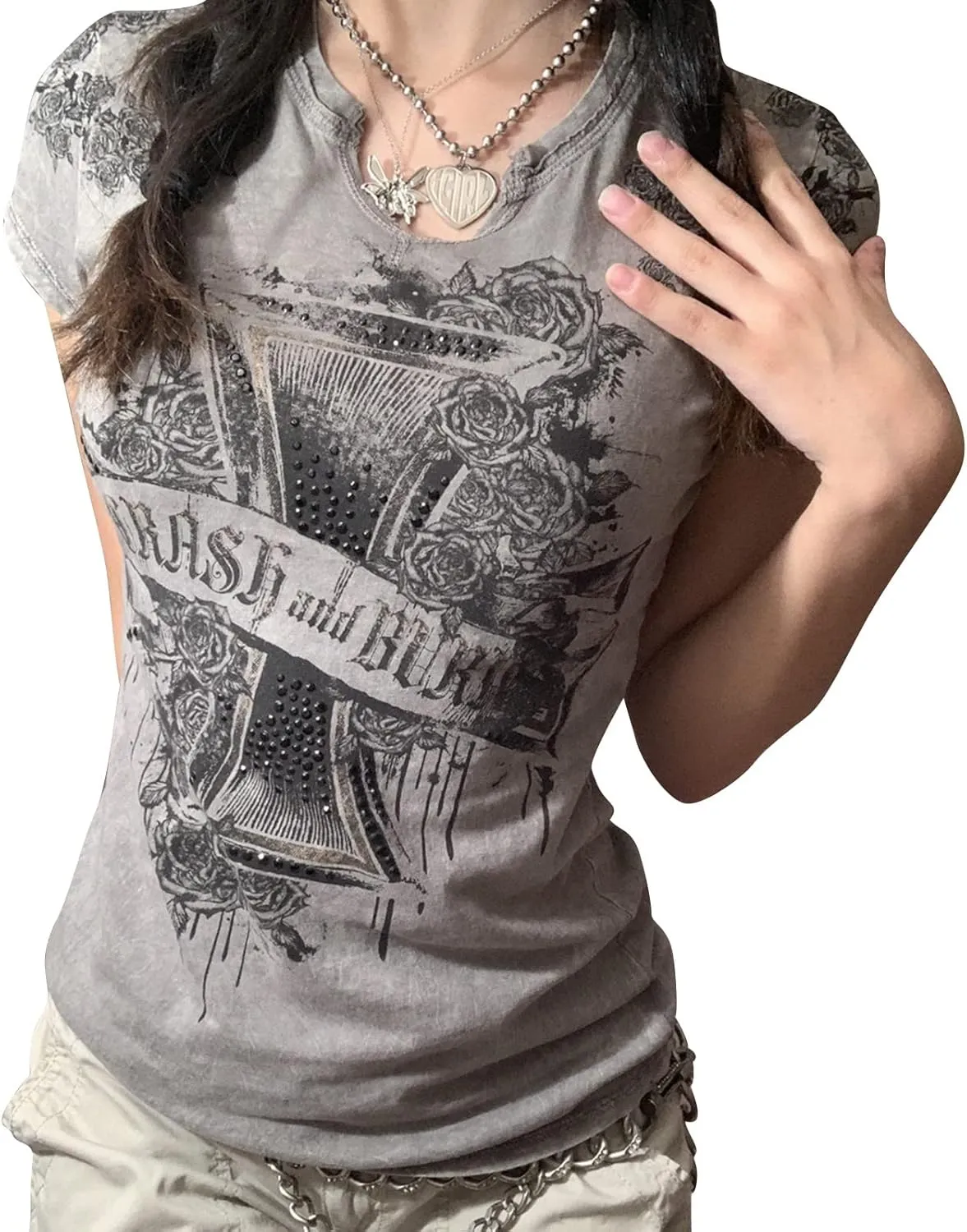 Women's Short Sleeve Crop Tops Crew Neck Skull Star Print Gothic T Shirts Aesthetic Grunge Going Out Y2k Blouses Top