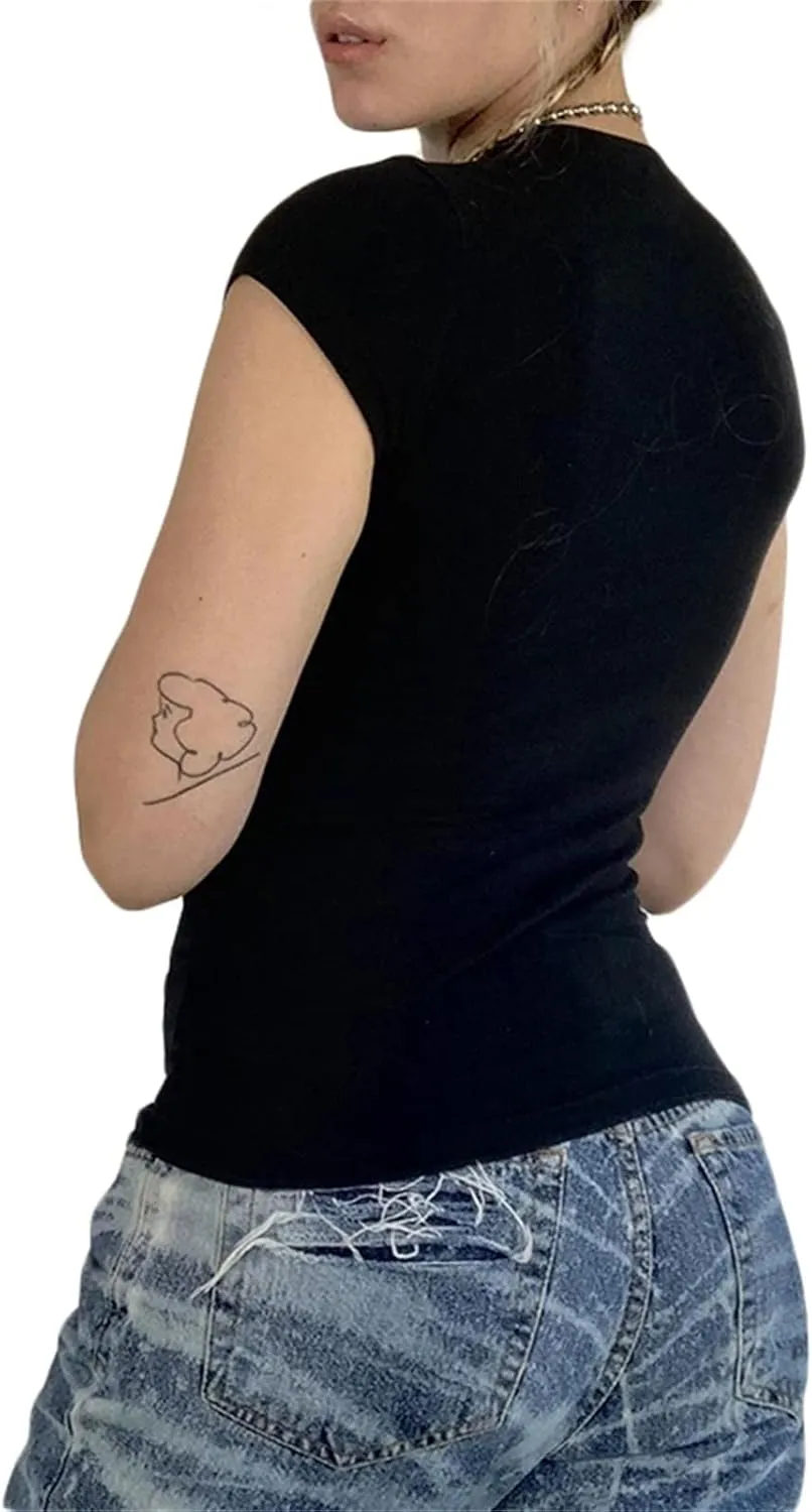 Women's Short Sleeve Crop Tops Crew Neck Skull Star Print Gothic T Shirts Aesthetic Grunge Going Out Y2k Blouses Top
