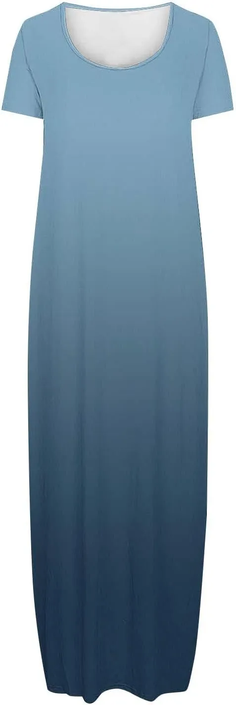 Women's Short Sleeve Loose Sundress Gradient Graphic Print Round Neck Beach Maxi Dresses Casual Trendy Clothes