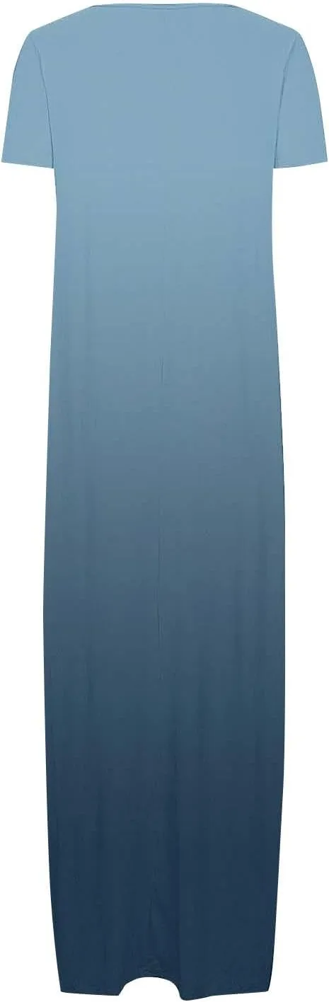 Women's Short Sleeve Loose Sundress Gradient Graphic Print Round Neck Beach Maxi Dresses Casual Trendy Clothes