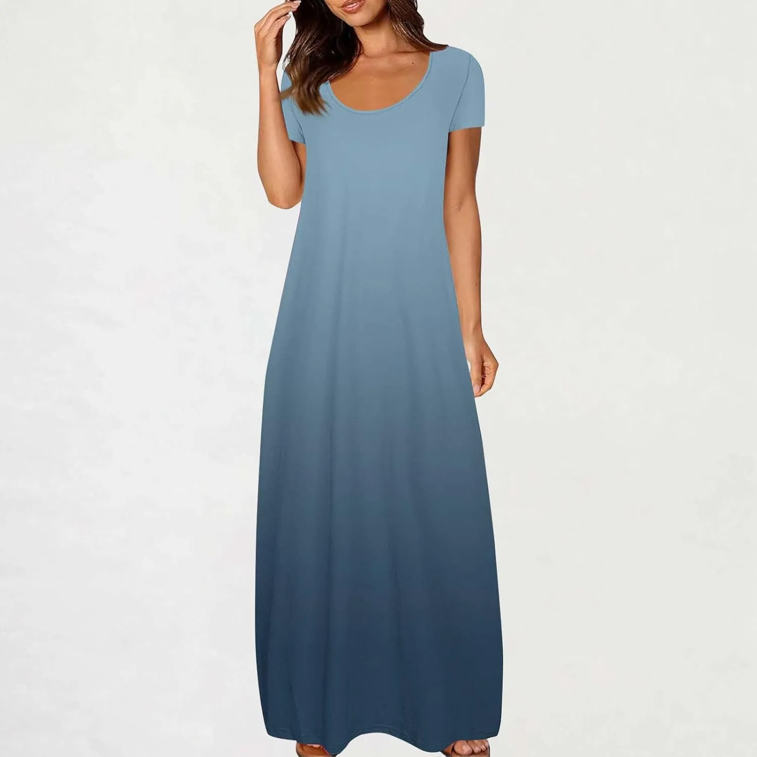 Women's Short Sleeve Loose Sundress Gradient Graphic Print Round Neck Beach Maxi Dresses Casual Trendy Clothes