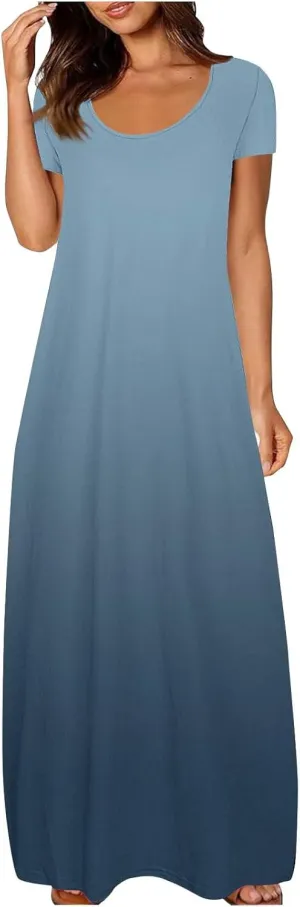 Women's Short Sleeve Loose Sundress Gradient Graphic Print Round Neck Beach Maxi Dresses Casual Trendy Clothes