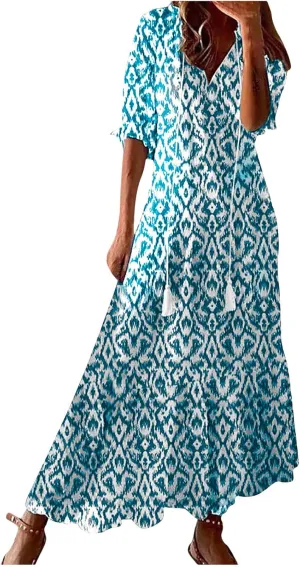Womens Short Sleeve Trendy 2025 Maxi Dress Boho Print Dresses V-Neck A Line Elegant Beach Dresses
