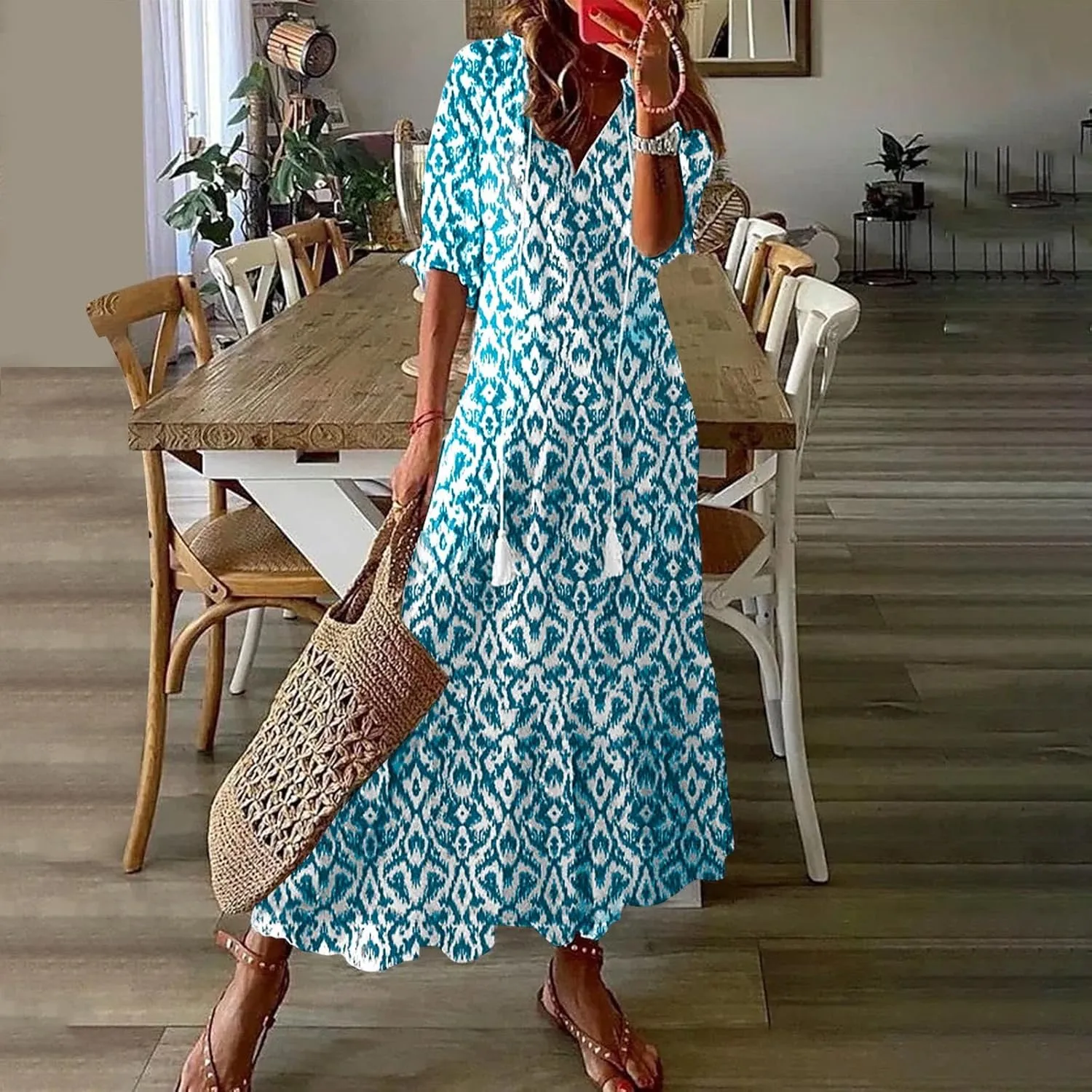 Womens Short Sleeve Trendy 2025 Maxi Dress Boho Print Dresses V-Neck A Line Elegant Beach Dresses