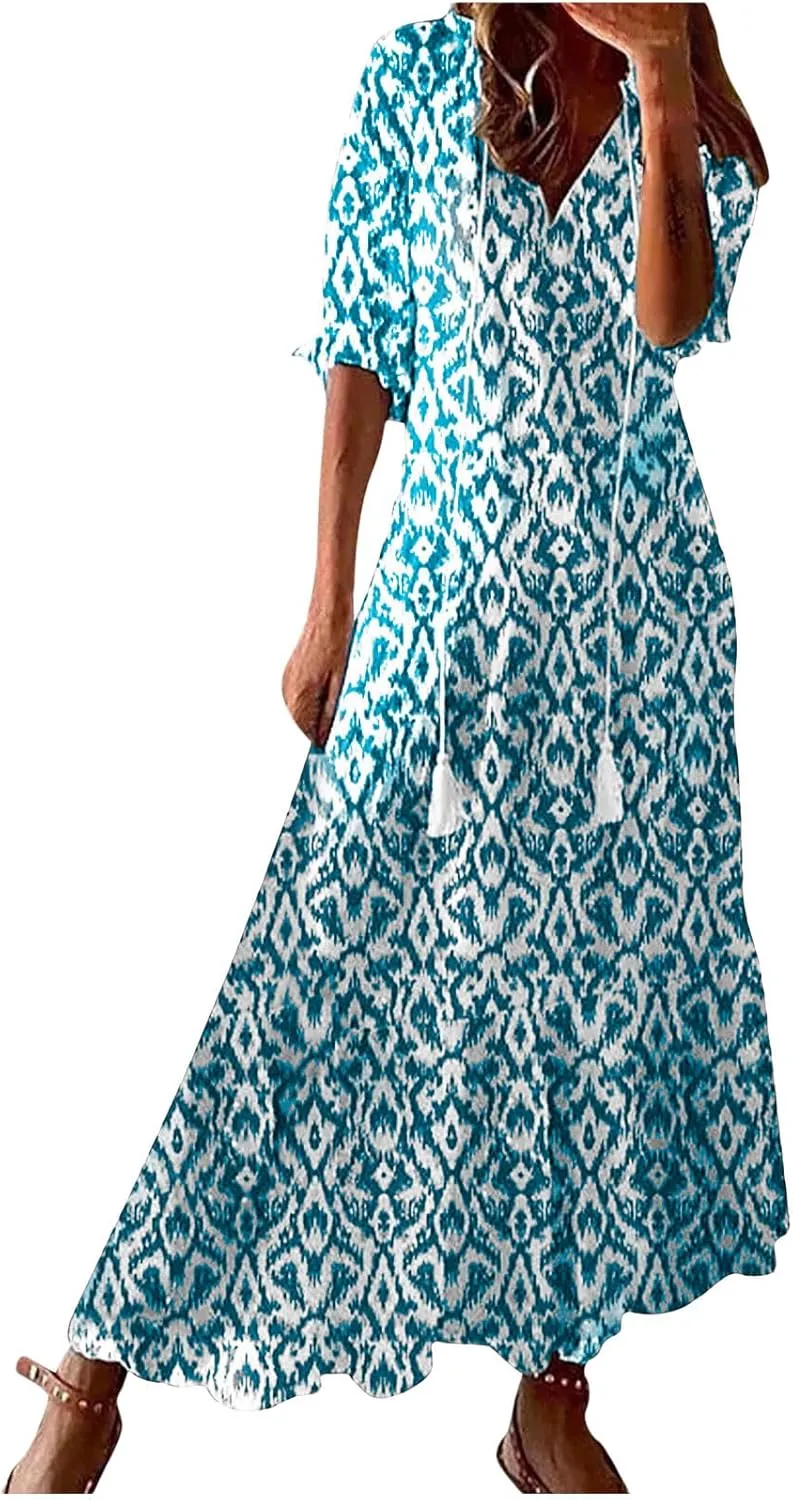 Womens Short Sleeve Trendy 2025 Maxi Dress Boho Print Dresses V-Neck A Line Elegant Beach Dresses