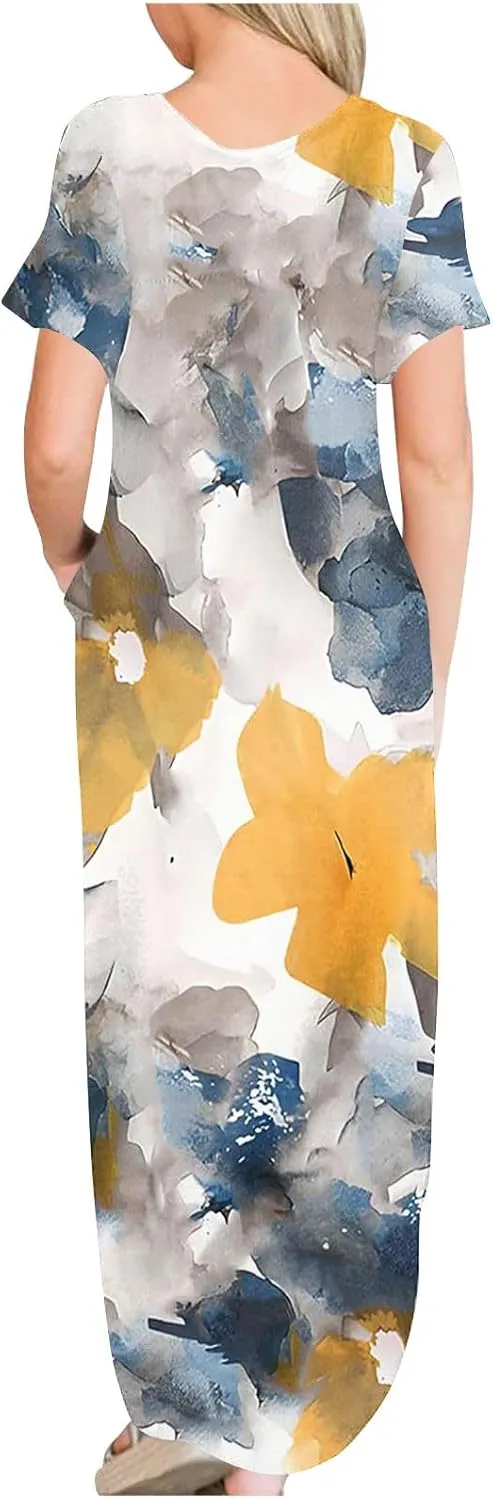 Womens Short Sleeve Trendy Maxi Dresses Boho Floral Print Dresses A Line Casual Comfortable Sundress