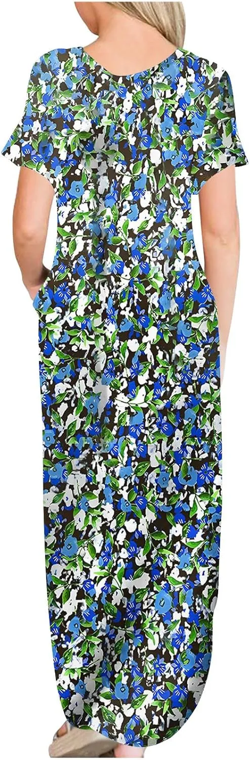 Womens Short Sleeve Trendy Maxi Dresses Boho Floral Print Dresses A Line Casual Comfortable Sundress