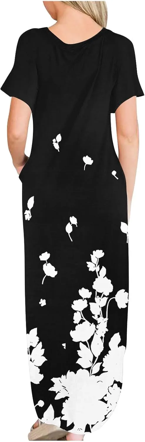 Womens Short Sleeve Trendy Maxi Dresses Boho Floral Print Dresses A Line Casual Comfortable Sundress