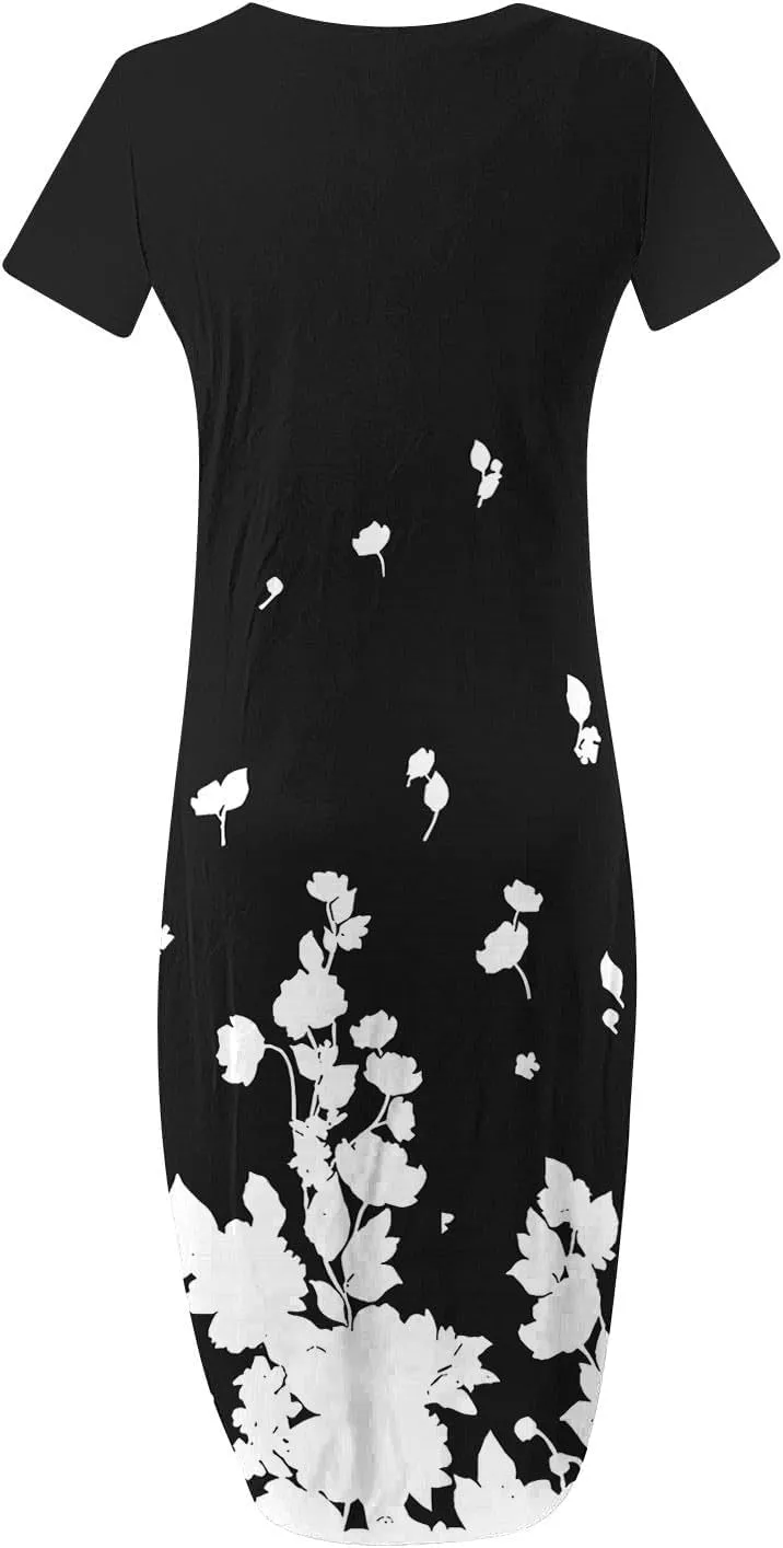 Womens Short Sleeve Trendy Maxi Dresses Boho Floral Print Dresses A Line Casual Comfortable Sundress