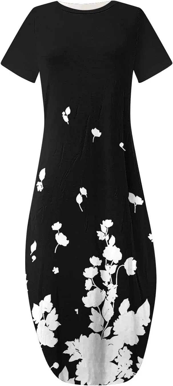 Womens Short Sleeve Trendy Maxi Dresses Boho Floral Print Dresses A Line Casual Comfortable Sundress