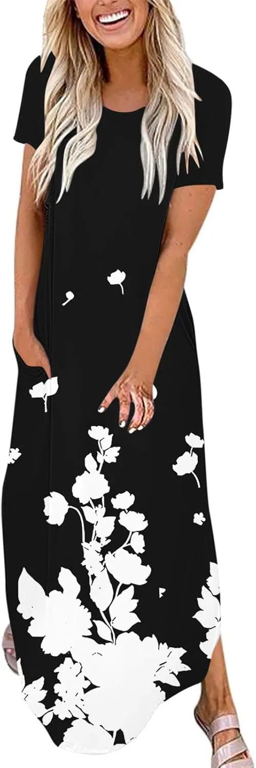 Womens Short Sleeve Trendy Maxi Dresses Boho Floral Print Dresses A Line Casual Comfortable Sundress