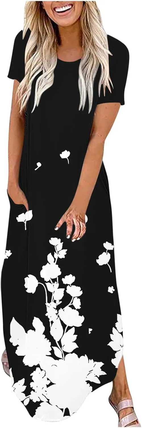 Womens Short Sleeve Trendy Maxi Dresses Boho Floral Print Dresses A Line Casual Comfortable Sundress