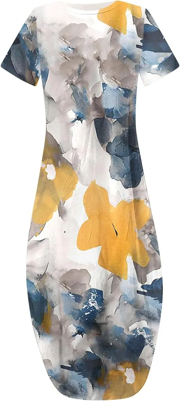 Womens Short Sleeve Trendy Maxi Dresses Boho Floral Print Dresses A Line Casual Comfortable Sundress