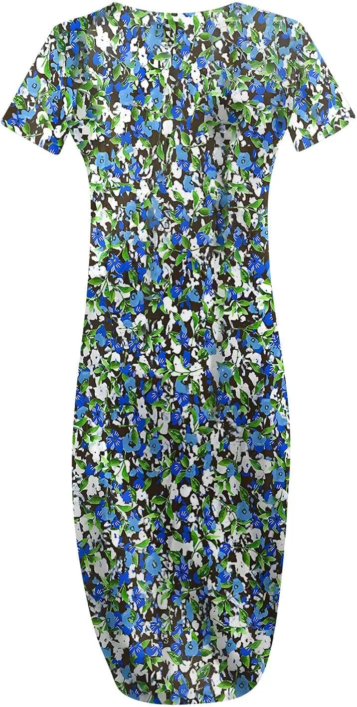 Womens Short Sleeve Trendy Maxi Dresses Boho Floral Print Dresses A Line Casual Comfortable Sundress