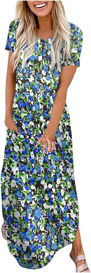 Womens Short Sleeve Trendy Maxi Dresses Boho Floral Print Dresses A Line Casual Comfortable Sundress