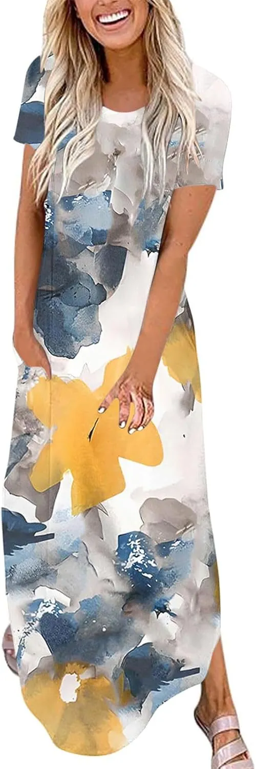 Womens Short Sleeve Trendy Maxi Dresses Boho Floral Print Dresses A Line Casual Comfortable Sundress