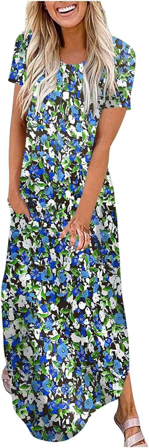 Womens Short Sleeve Trendy Maxi Dresses Boho Floral Print Dresses A Line Casual Comfortable Sundress