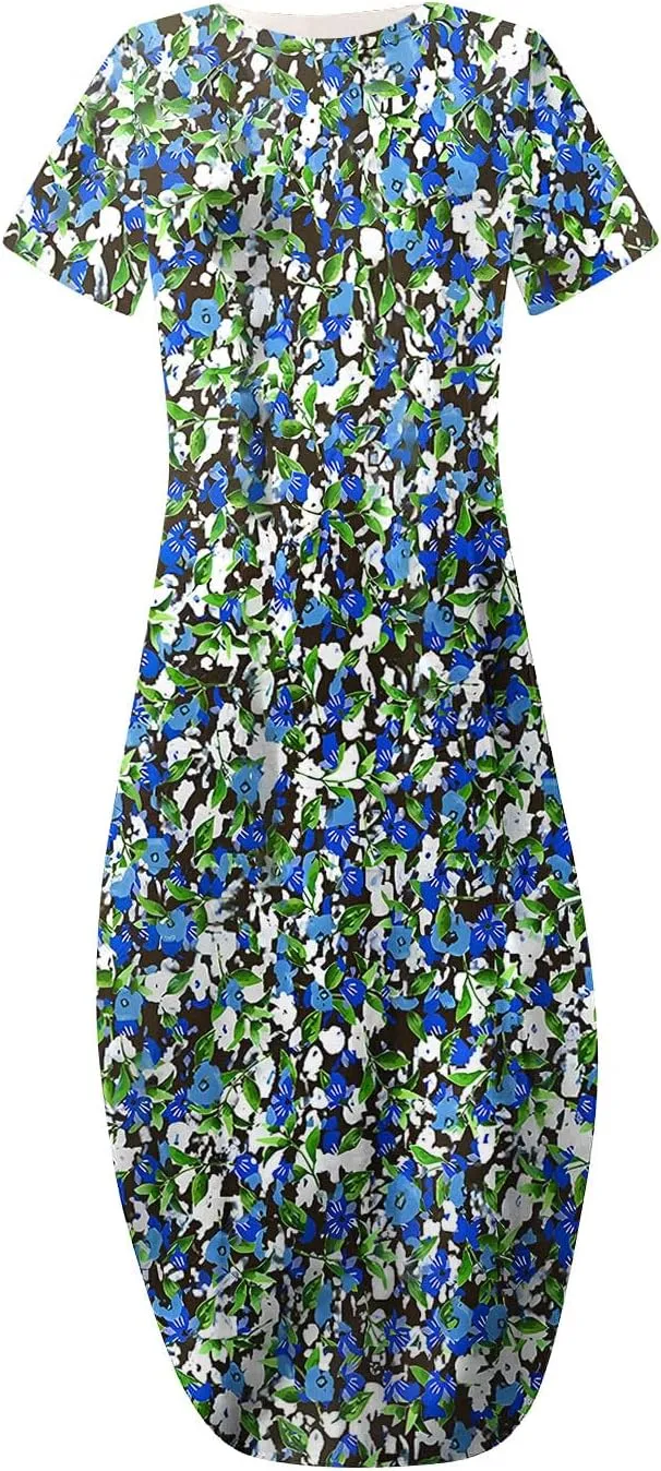 Womens Short Sleeve Trendy Maxi Dresses Boho Floral Print Dresses A Line Casual Comfortable Sundress