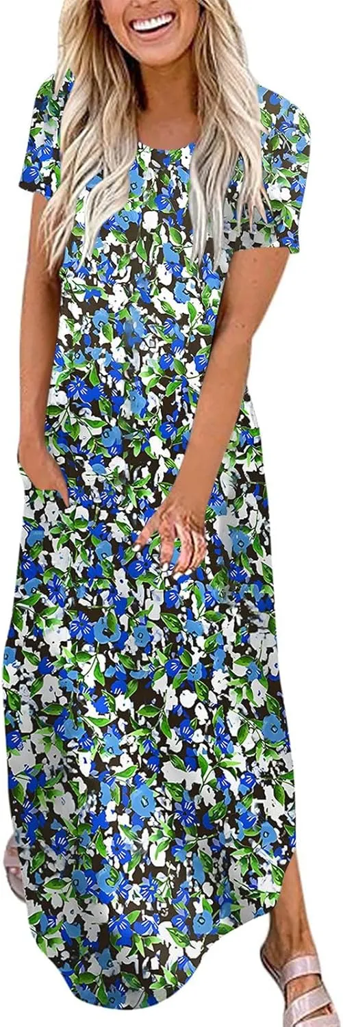 Womens Short Sleeve Trendy Maxi Dresses Boho Floral Print Dresses A Line Casual Comfortable Sundress